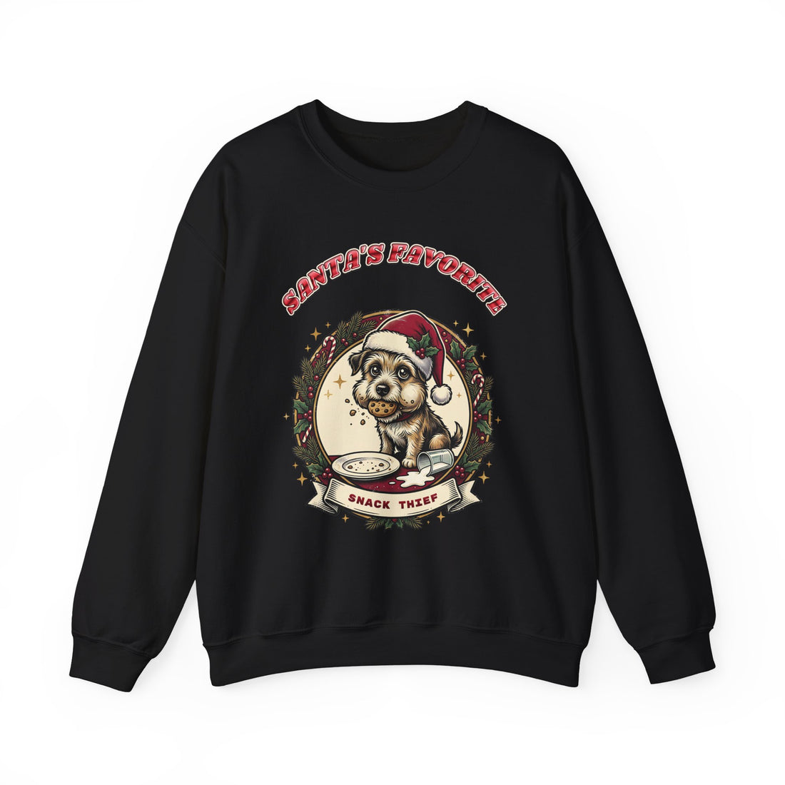 funny dog Christmas sweatshirt Santa's Favorite Snack Thief, dark color by Inkida, view 1