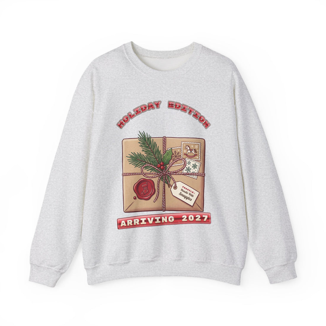 Holiday Edition Arriving 2027 pregnancy announcement Christmas sweatshirt by Inkida, view 2