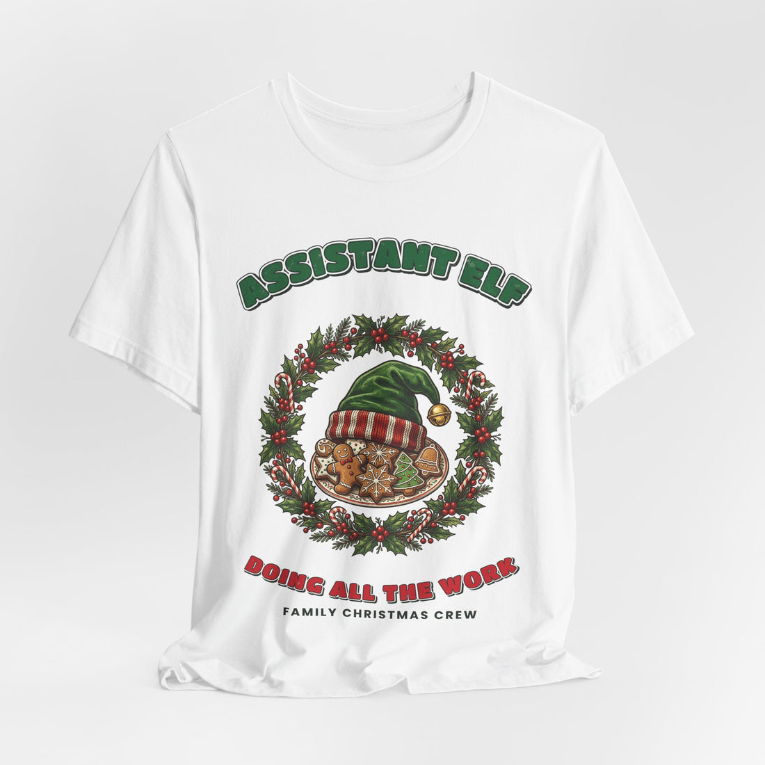 Assistant Elf Family Christmas T-Shirt on a White tee, front print by Inkida