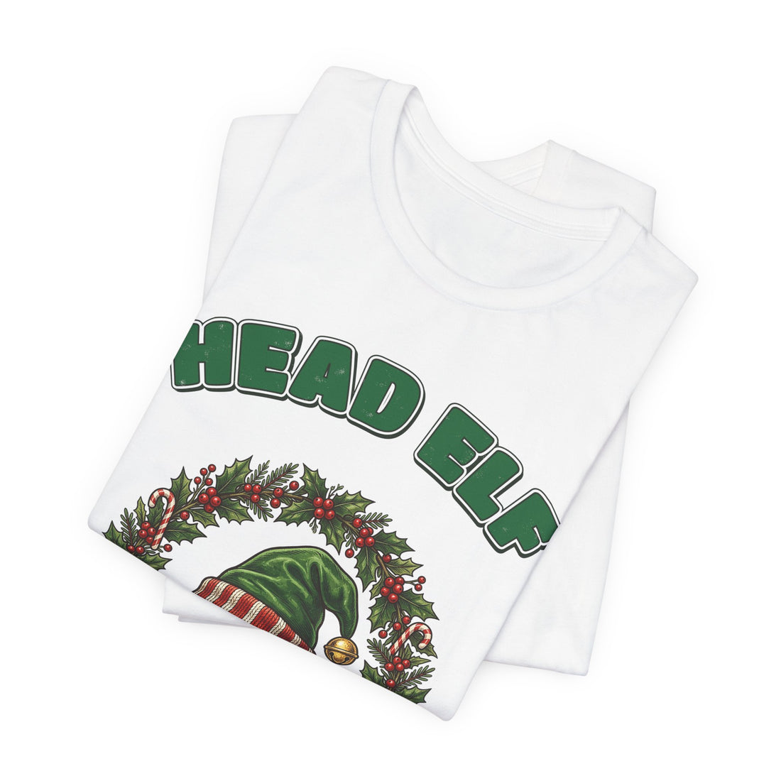 Head Elf Family Christmas T-Shirt on a White tee, front print by Inkida