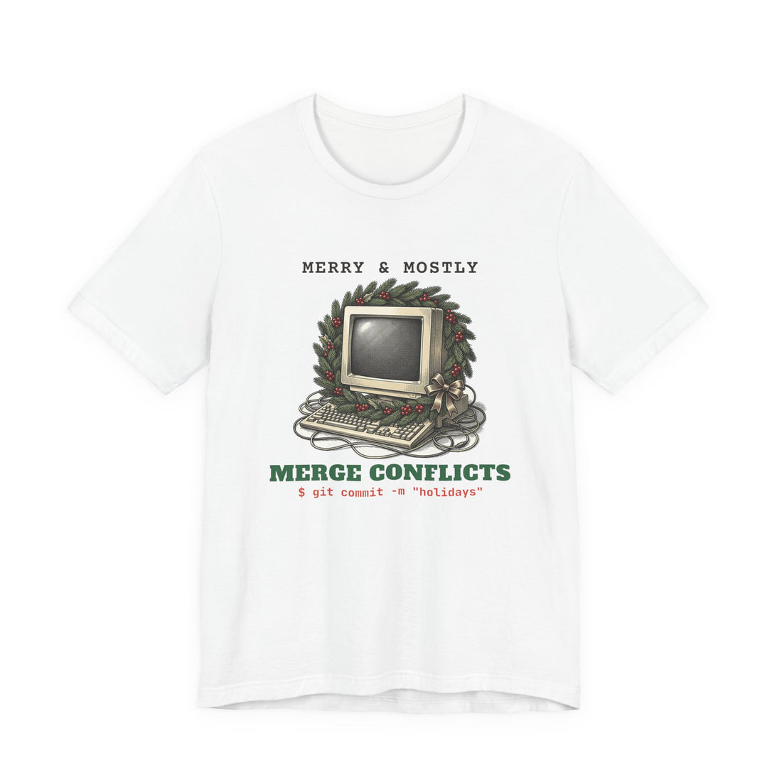 Merry and Mostly Merge Conflicts funny t-shirt by Inkida