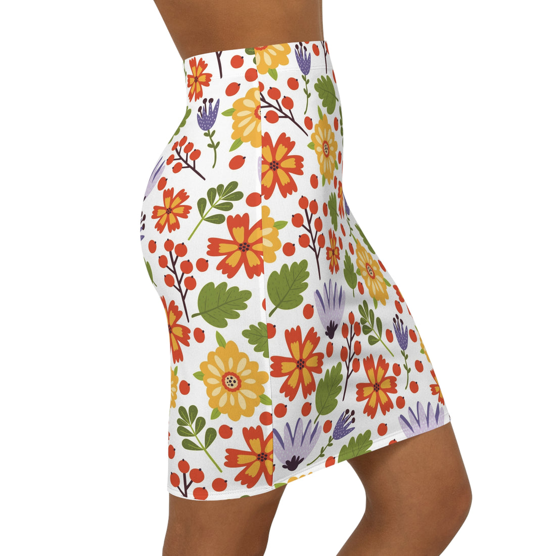 Summer Patterned Colorful Flowers Mid-Waist Pencil Skirt