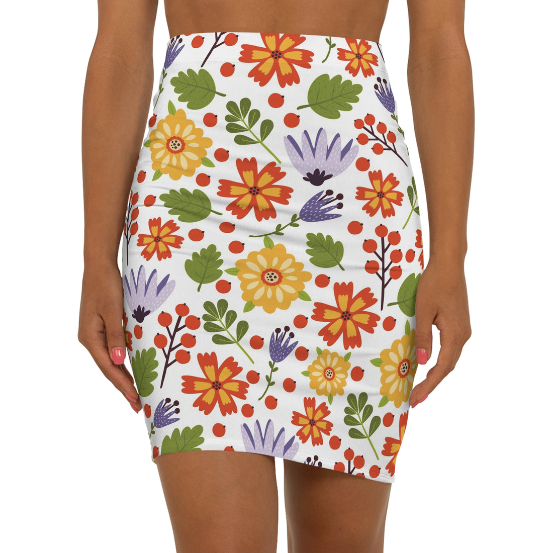 Summer Patterned Colorful Flowers Mid-Waist Pencil Skirt