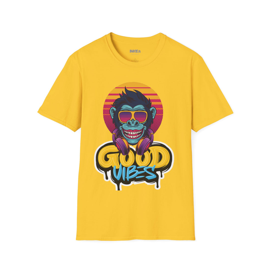 Good Vibes colorful graphic t-shirt by Inkida, view 2