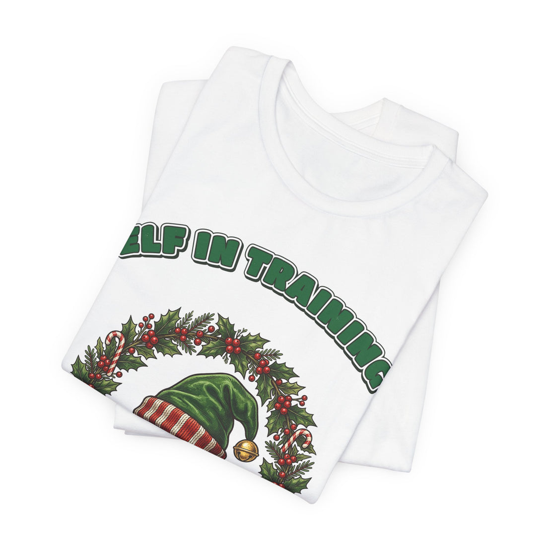 Elf in Training Family Christmas T-Shirt on a White tee, front print by Inkida