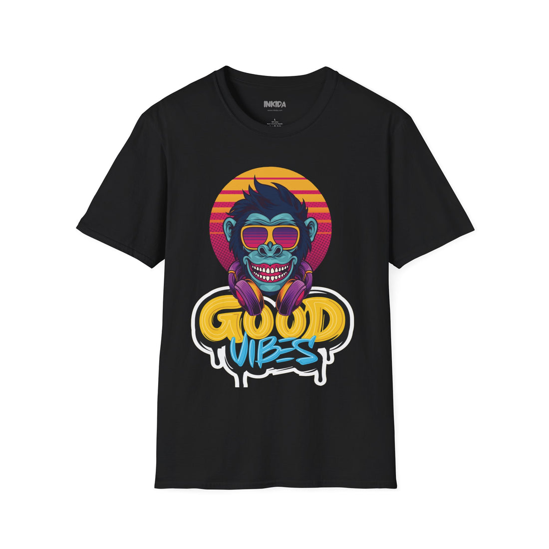 Good Vibes colorful graphic t-shirt by Inkida, view 1