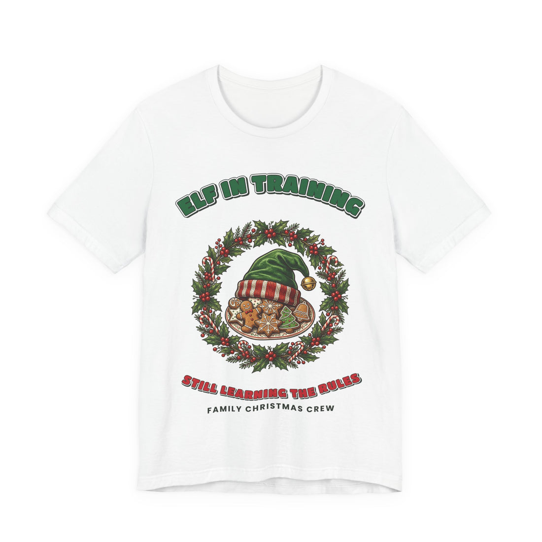Elf in Training Family Christmas T-Shirt on a White tee, front print by Inkida