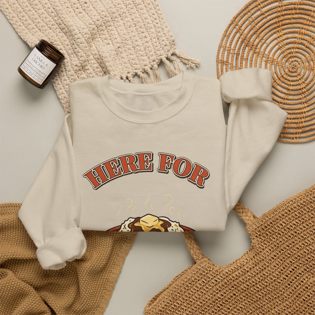 Here for the Sides Funny Thanksgiving Sweatshirt on a Sand crewneck, front print by Inkida
