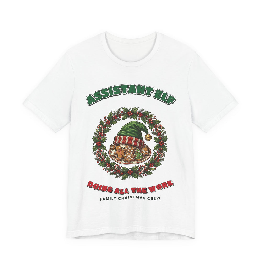Assistant Elf Family Christmas T-Shirt on a White tee, front print by Inkida