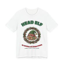 Head Elf Family Christmas T-Shirt on a White tee, front print by Inkida