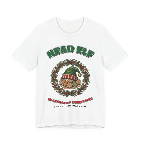 Head Elf Family Christmas T-Shirt on a White tee, front print by Inkida