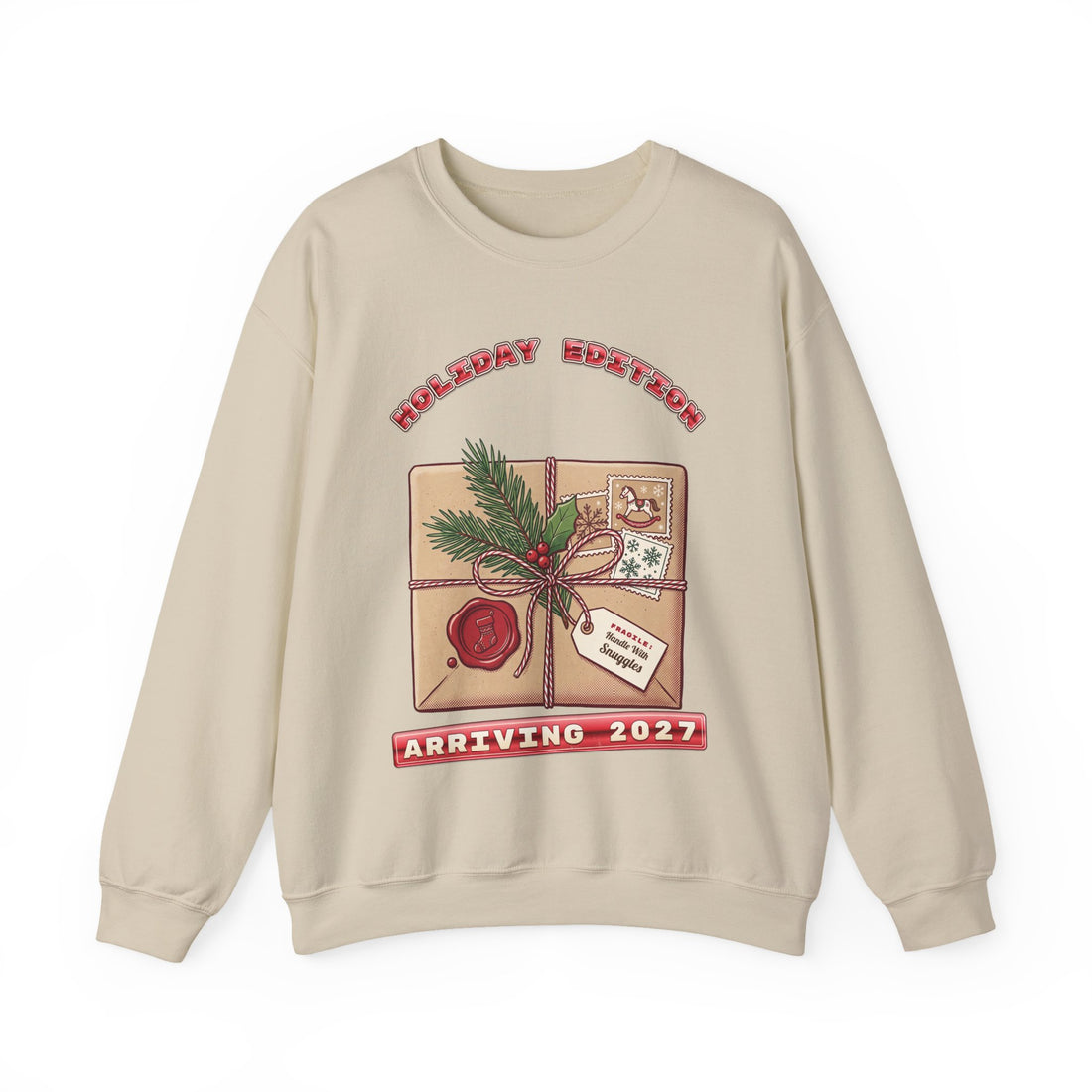 Holiday Edition Arriving 2027 pregnancy announcement Christmas sweatshirt by Inkida, view 3