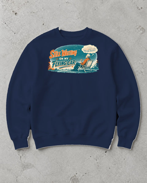 Still Waiting On My Flying Car Retro Sweatshirt in Navy, Inkida mockup
