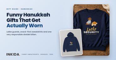 Inkida banner: funny Hanukkah gifts with a navy Latke Security sweatshirt and hoodie