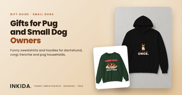 Inkida banner: gifts for pug and small dog owners with a black Wore the Antlers Once hoodie