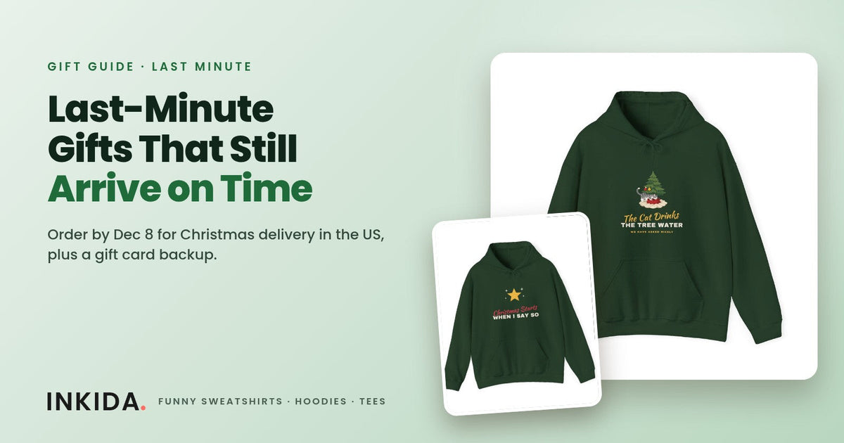 Inkida banner: last-minute Christmas gifts that still arrive on time with a green hoodie and a Christmas sweatshirt