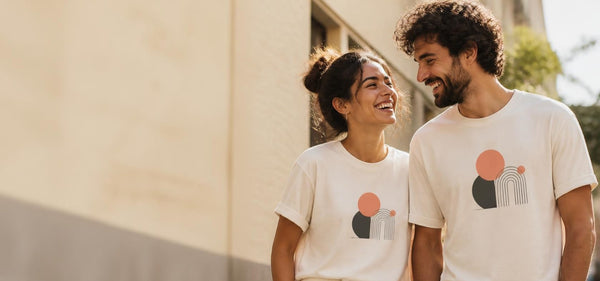 Couple wearing matching graphic tees