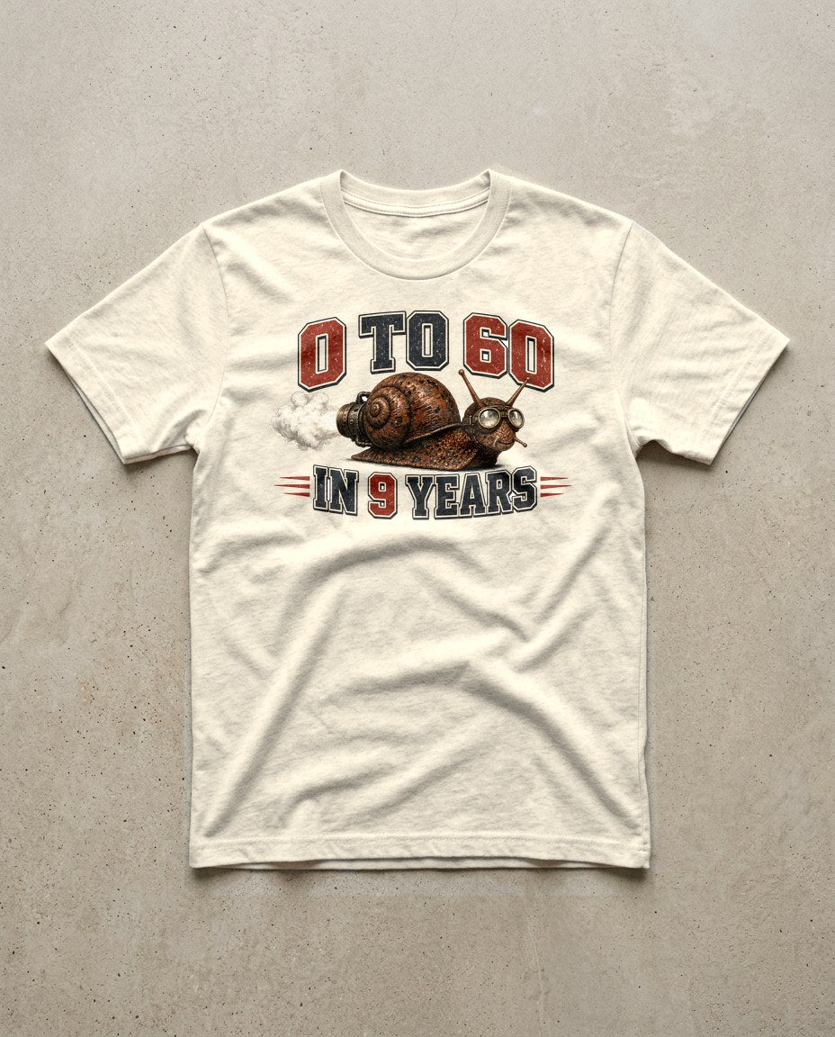 0 to 60 in 9 Years Funny Snail Rocket Tee in Natural, Inkida mockup