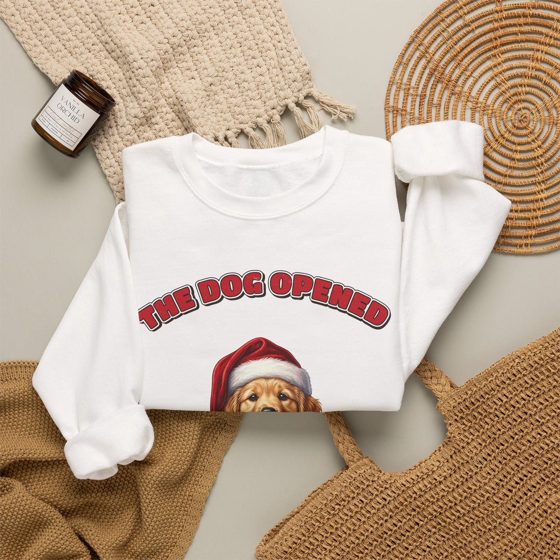 The Dog Opened Her Presents First Christmas Sweatshirt on a White crewneck, front print by Inkida