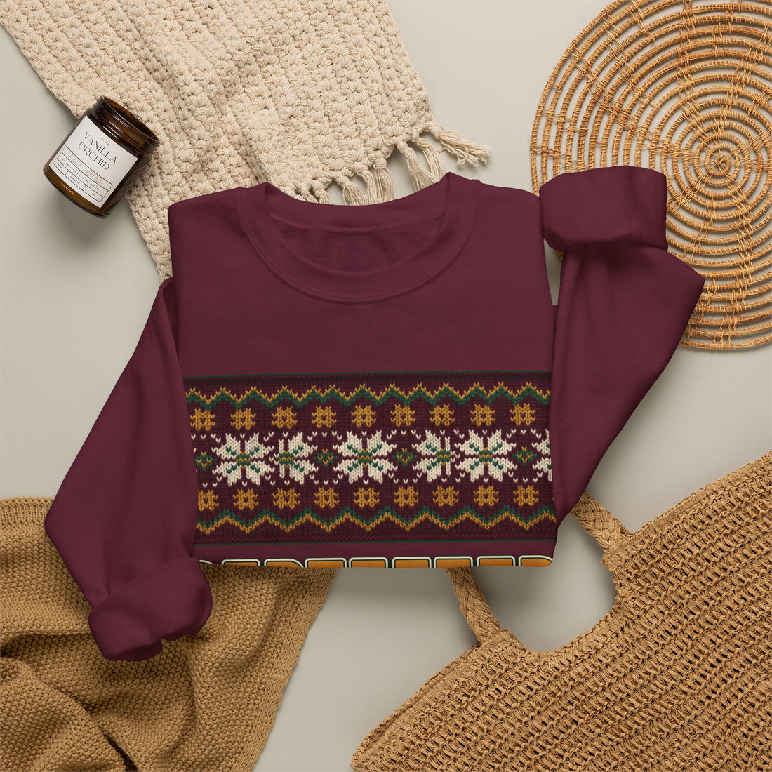 Certified Cozy Fair Isle Christmas Sweatshirt on a Maroon crewneck, front print by Inkida