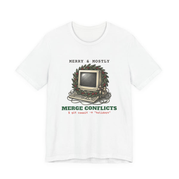 Merry and Mostly Merge Conflicts funny t-shirt by Inkida