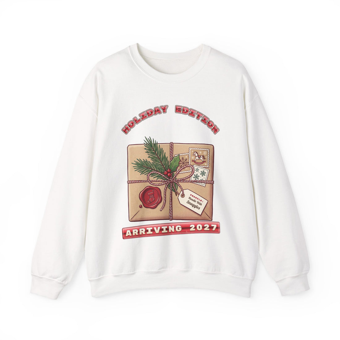 Holiday Edition Arriving 2027 pregnancy announcement Christmas sweatshirt by Inkida, view 1