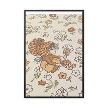 Vintage Girls Collecting Flowers Matte Canvas, Black Frame