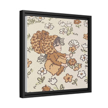 Vintage Girls Collecting Flowers Matte Canvas, Black Frame