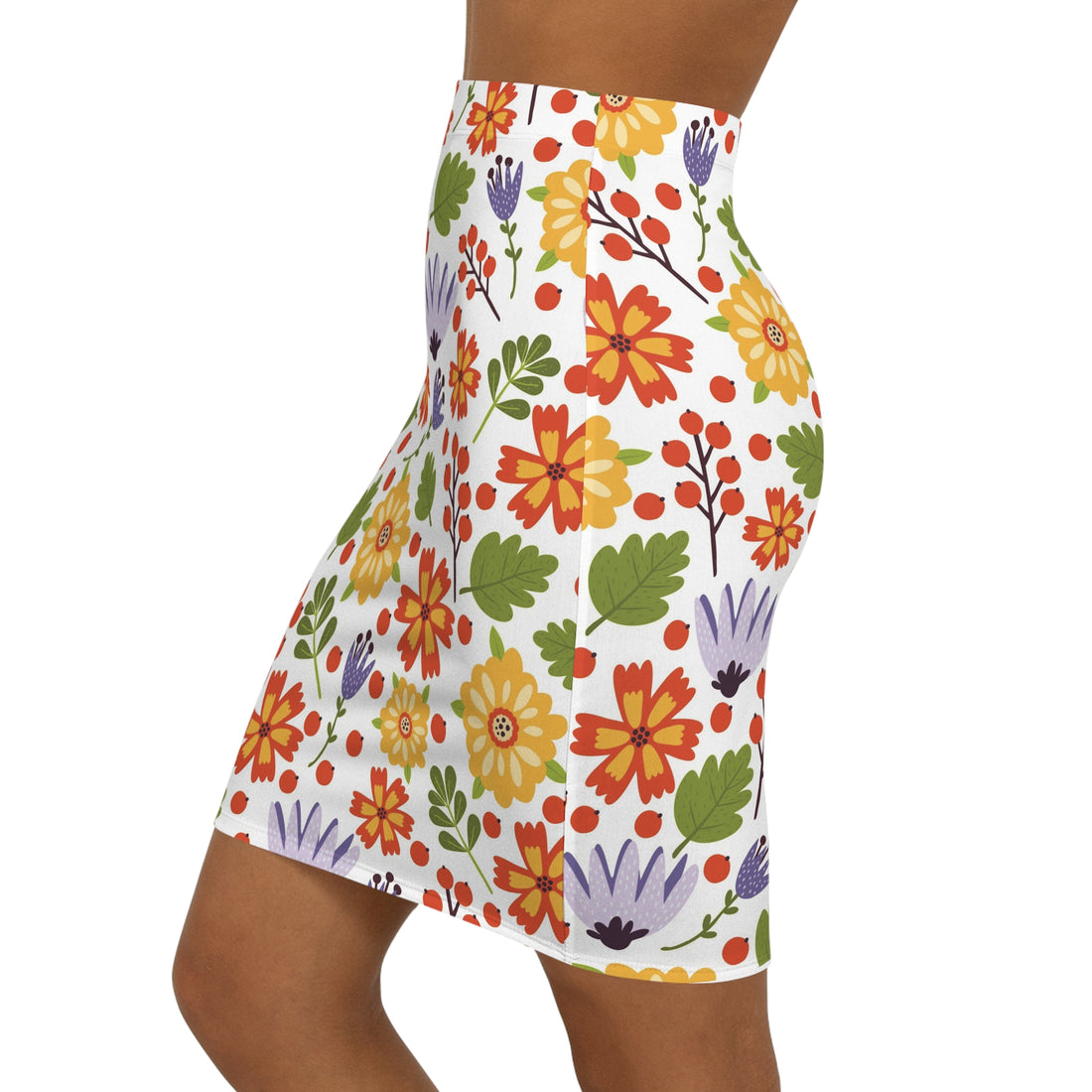 Summer Patterned Colorful Flowers Mid-Waist Pencil Skirt