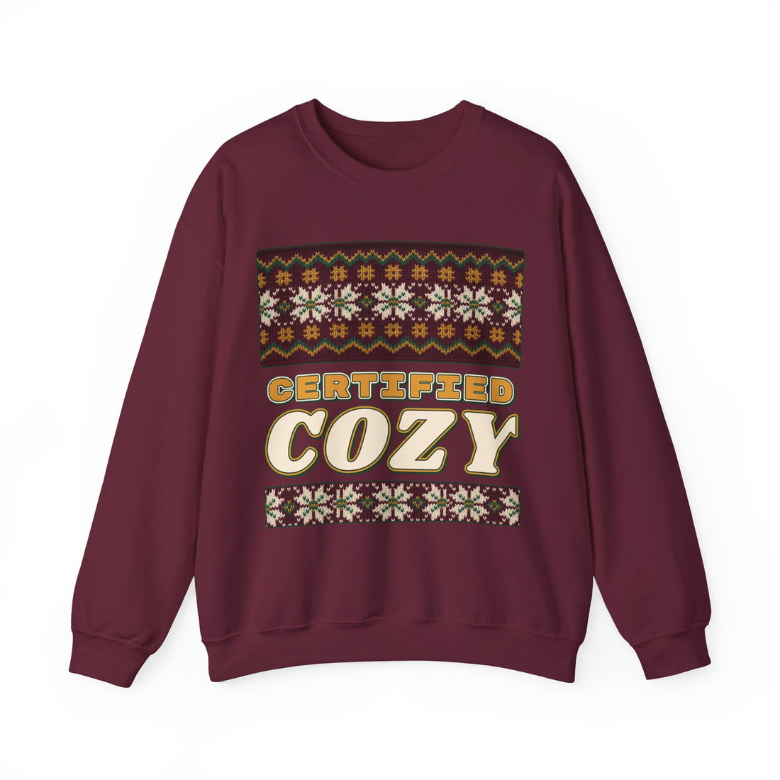 Certified Cozy Fair Isle Christmas Sweatshirt on a Maroon crewneck, front print by Inkida