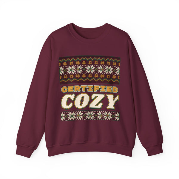 Certified Cozy Fair Isle Christmas Sweatshirt on a Maroon crewneck, front print by Inkida