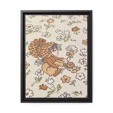 Vintage Girls Collecting Flowers Matte Canvas, Black Frame