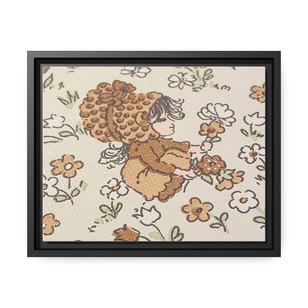 Vintage Girls Collecting Flowers Matte Canvas, Black Frame