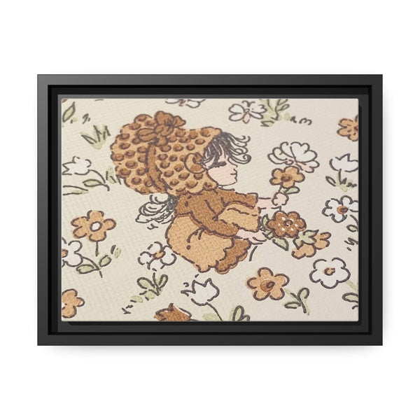 Vintage Girls Collecting Flowers Matte Canvas, Black Frame