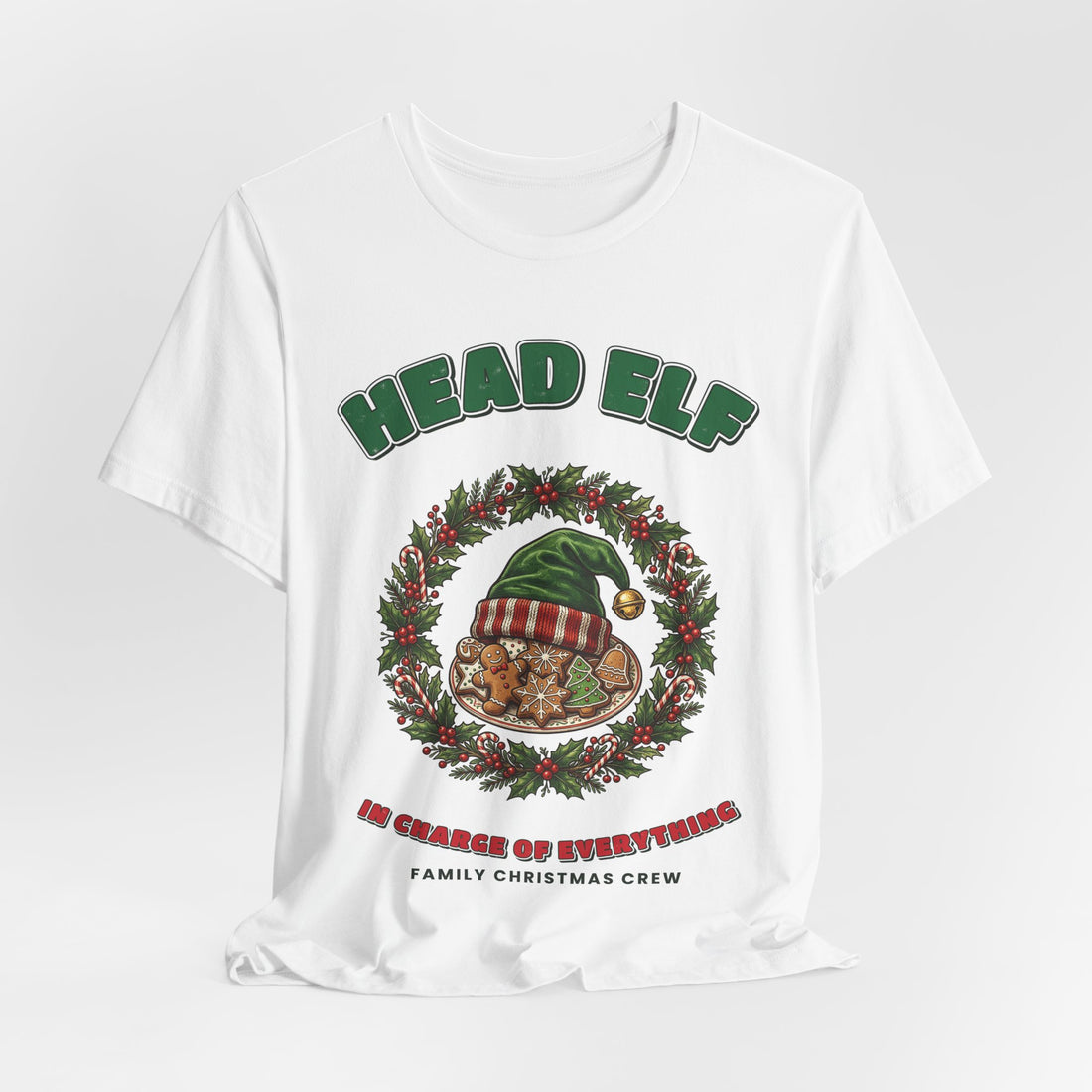 Head Elf Family Christmas T-Shirt on a White tee, front print by Inkida