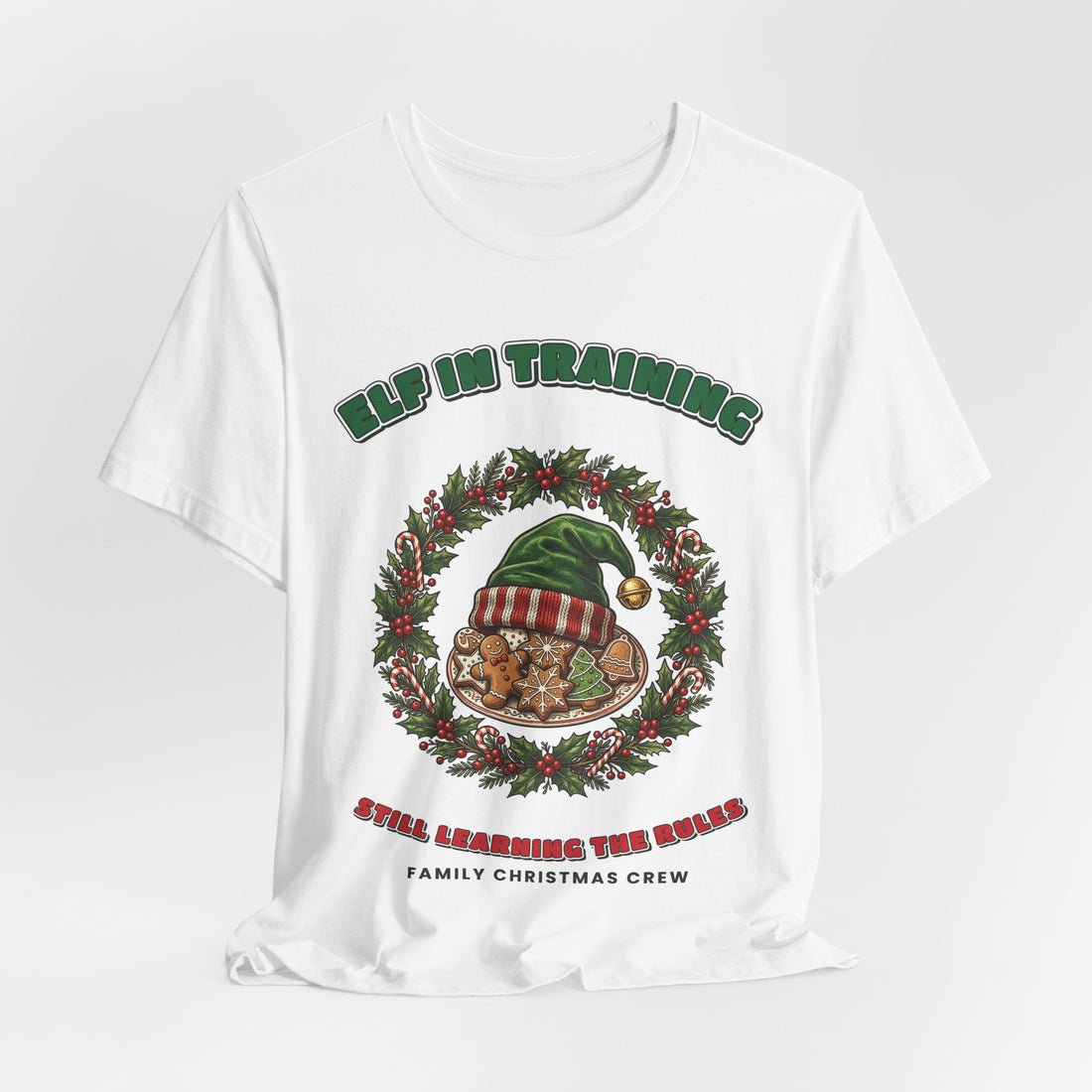 Elf in Training Family Christmas T-Shirt on a White tee, front print by Inkida