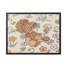 Vintage Girls Collecting Flowers Matte Canvas, Black Frame
