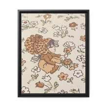 Vintage Girls Collecting Flowers Matte Canvas, Black Frame