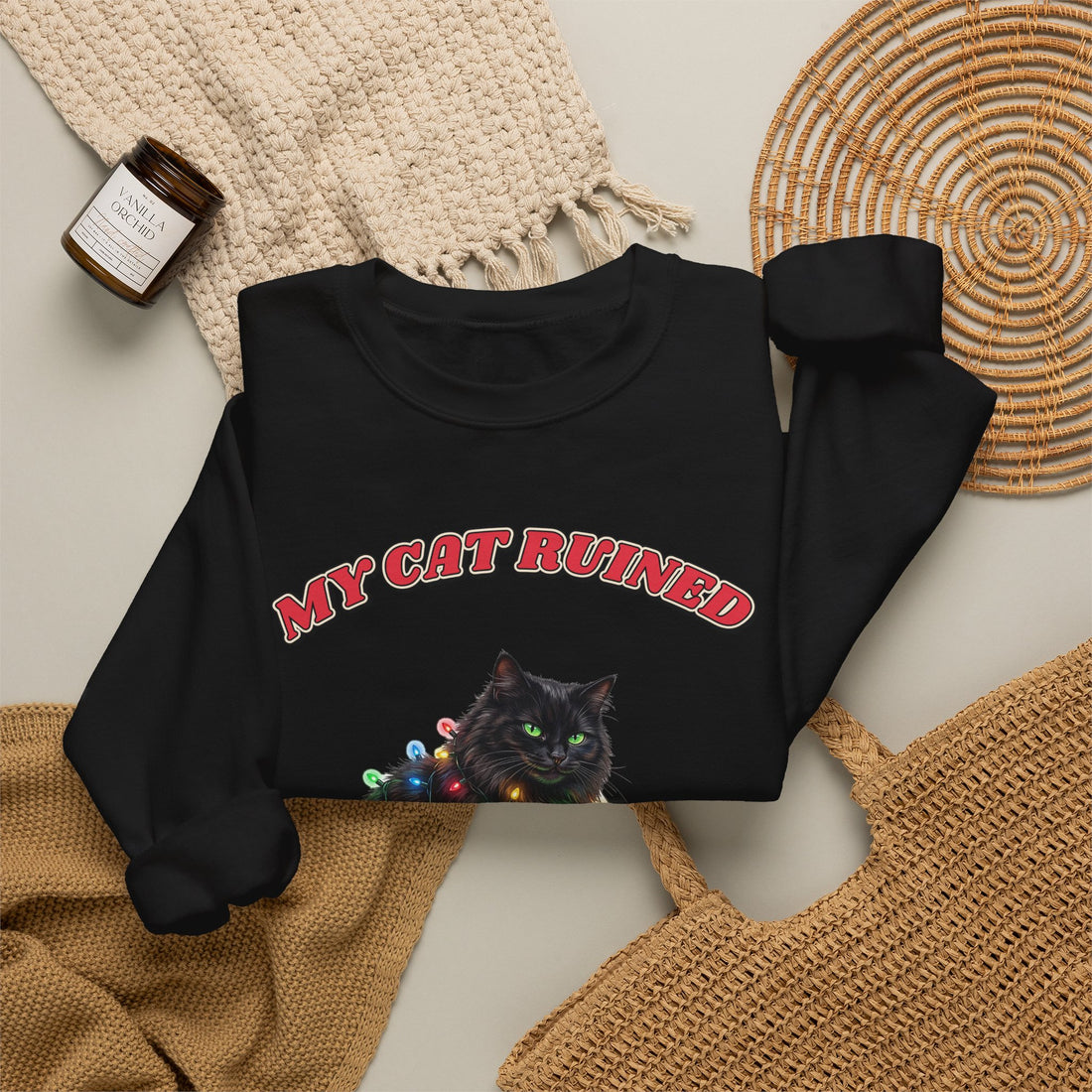 My Cat Ruined the Tree Again Funny Christmas Sweatshirt on a Black crewneck, front print by Inkida