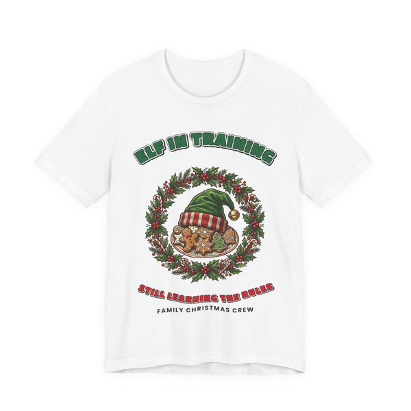 Elf in Training Family Christmas T-Shirt on a White tee, front print by Inkida