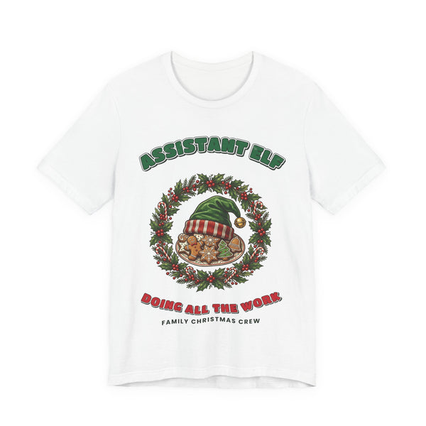 Assistant Elf Family Christmas T-Shirt on a White tee, front print by Inkida