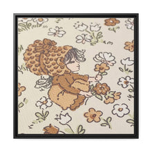 Vintage Girls Collecting Flowers Matte Canvas, Black Frame