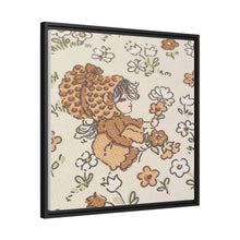 Vintage Girls Collecting Flowers Matte Canvas, Black Frame