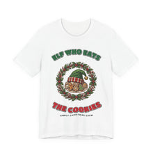 Elf Who Eats the Cookies Family Christmas T-Shirt on a White tee, front print by Inkida