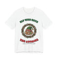 Elf Who Eats the Cookies Family Christmas T-Shirt on a White tee, front print by Inkida