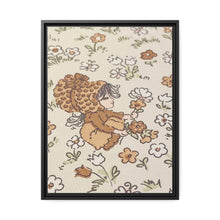 Vintage Girls Collecting Flowers Matte Canvas, Black Frame