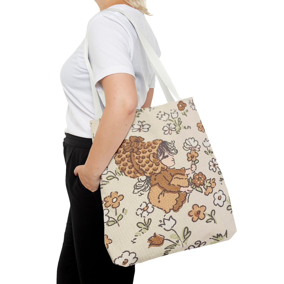 Vintage Girls Collecting Flowers Trending Tote Bag
