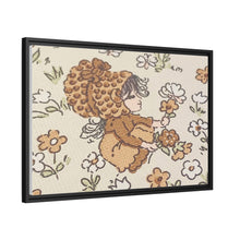 Vintage Girls Collecting Flowers Matte Canvas, Black Frame