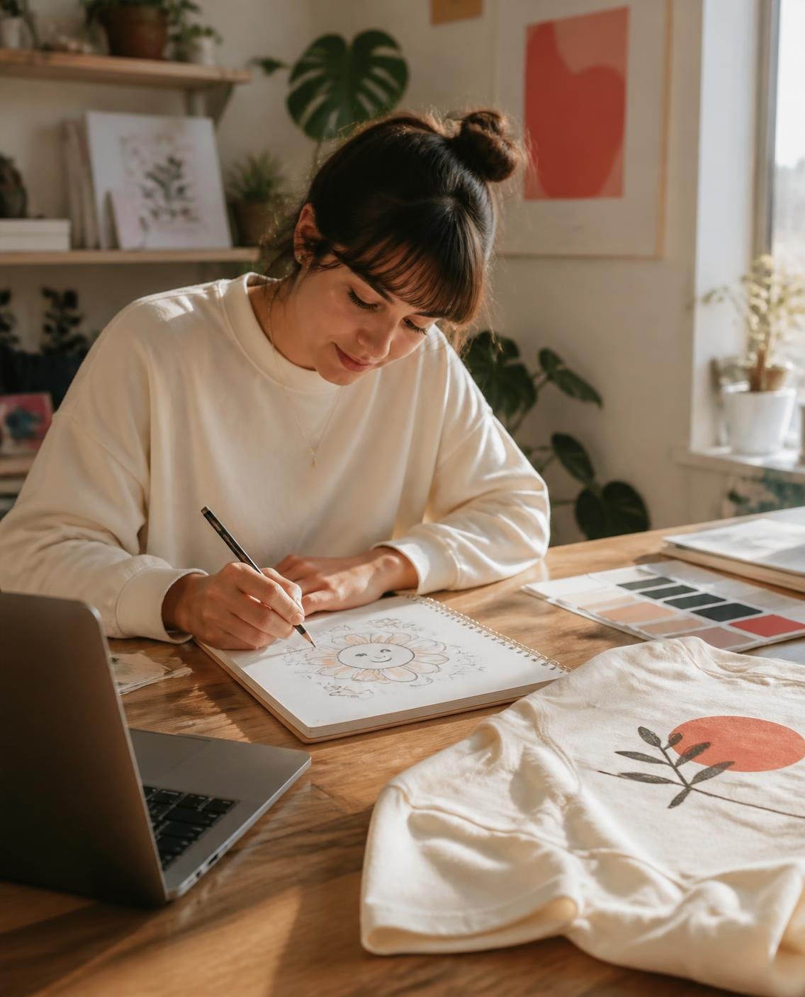 Inkida designer sketching a new t-shirt illustration at a sunlit studio desk