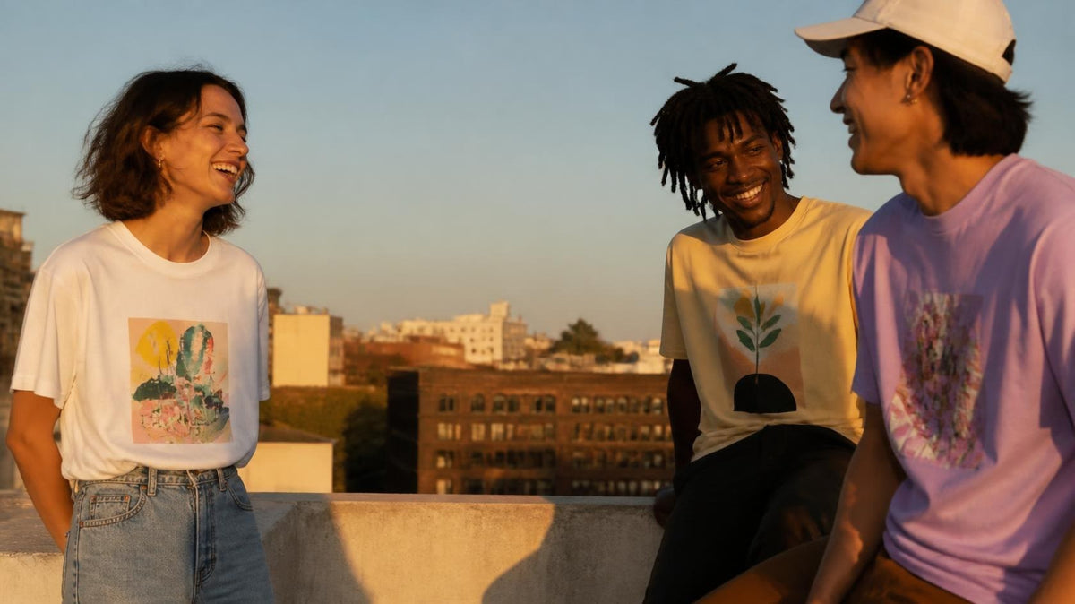 Three friends laughing on a city rooftop wearing colorful graphic tees